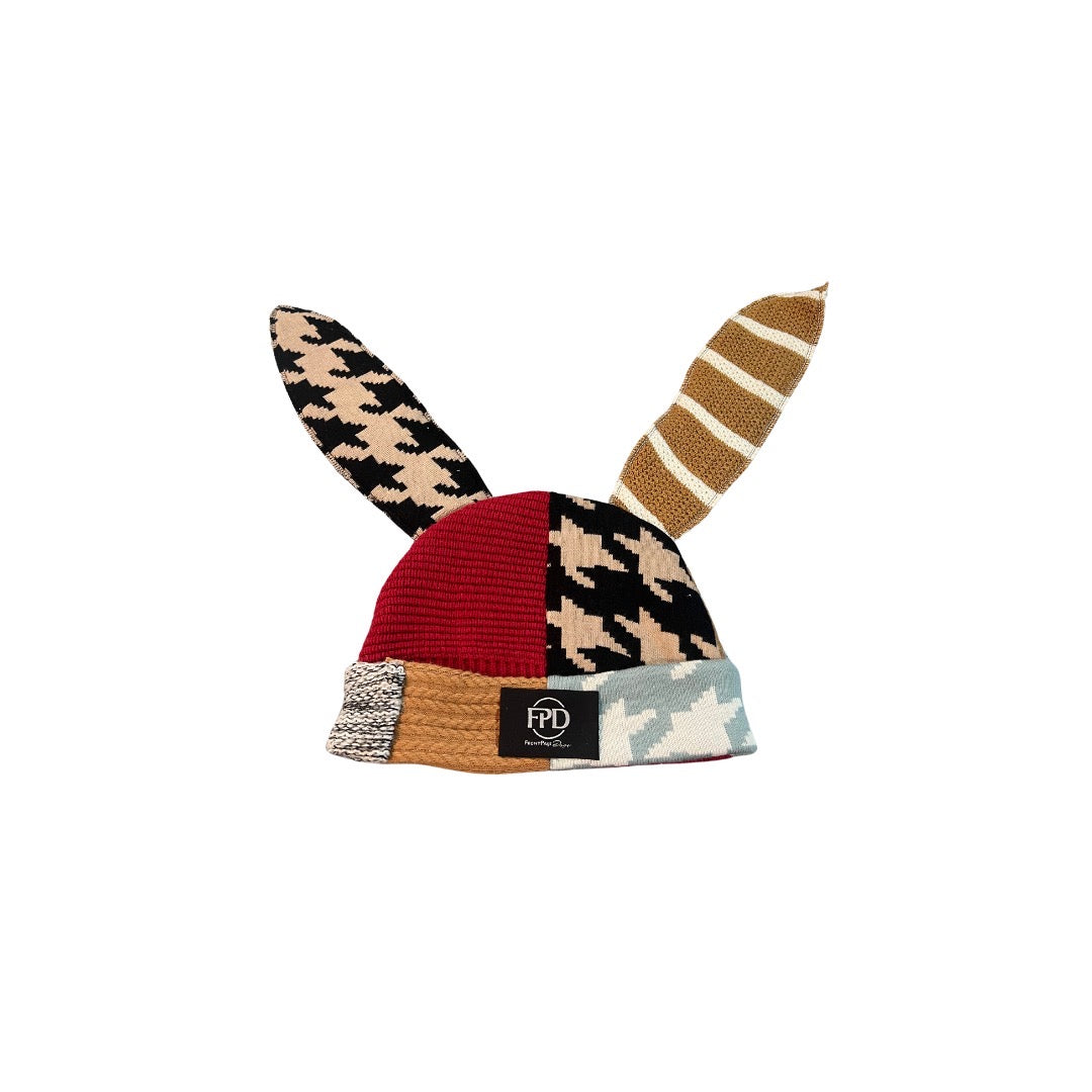 Removable Animal ears patchwork beanie (red, blue,tan)