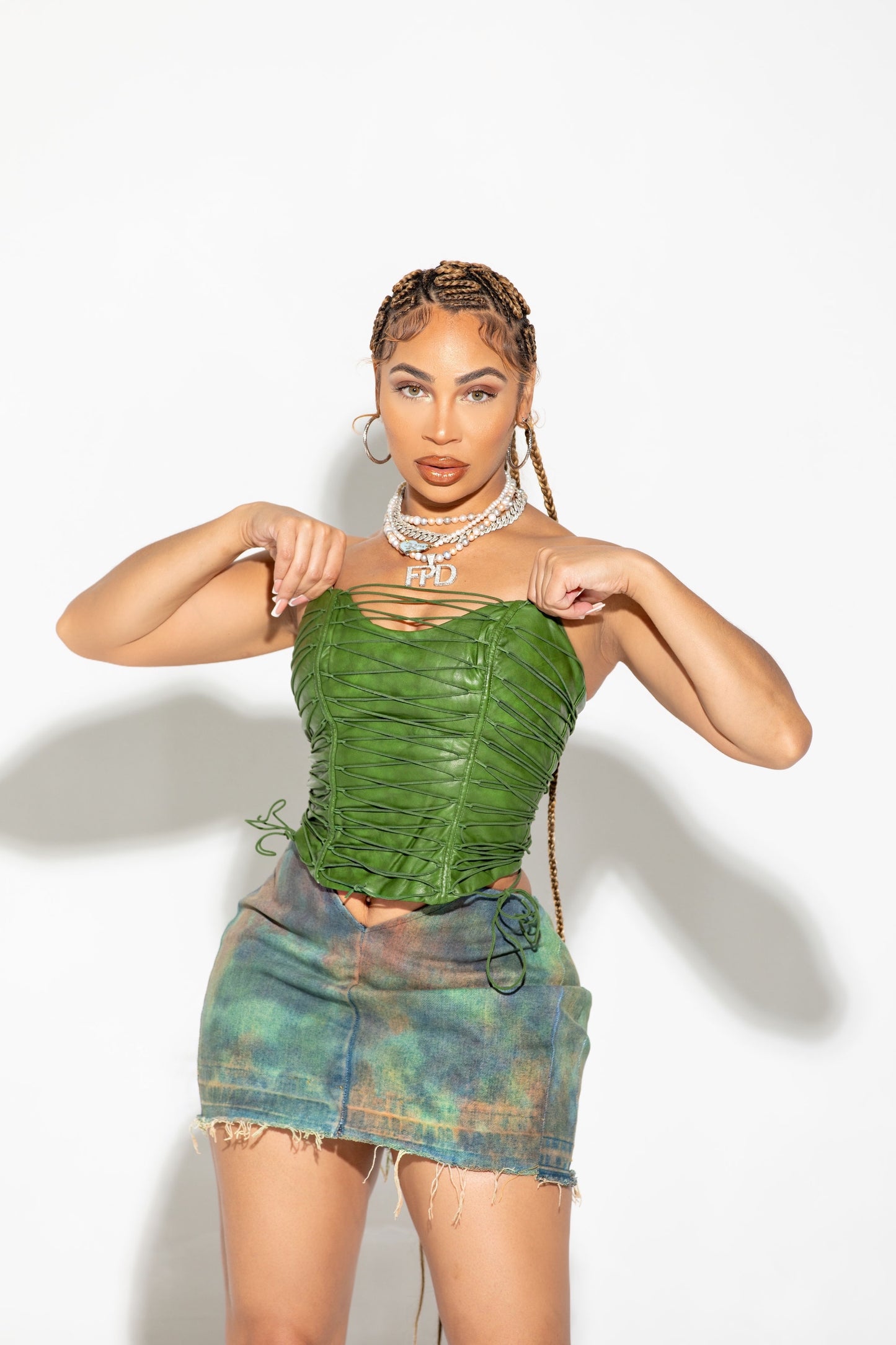 V cut denim mini (aqua/orange/lime)