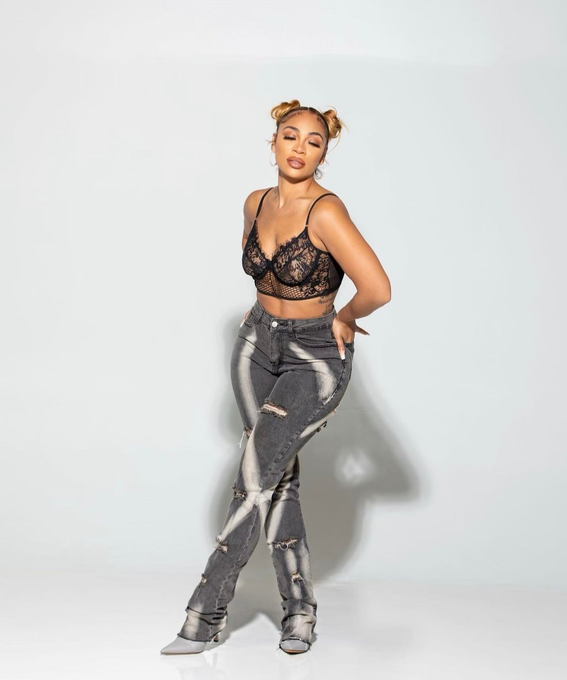 Black washed distress jeans