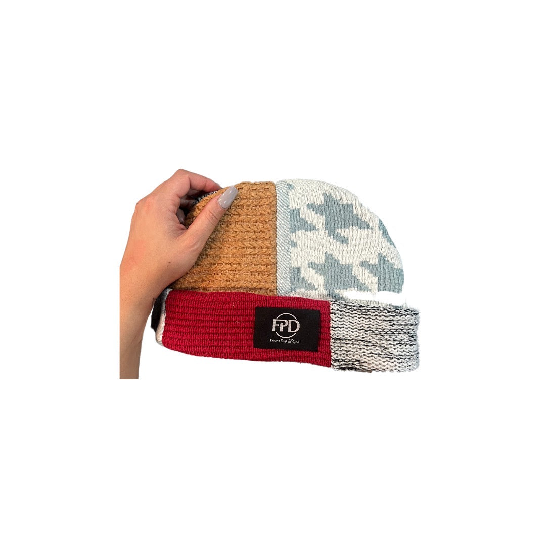 Classic patchwork beanie (red, blue,tan)