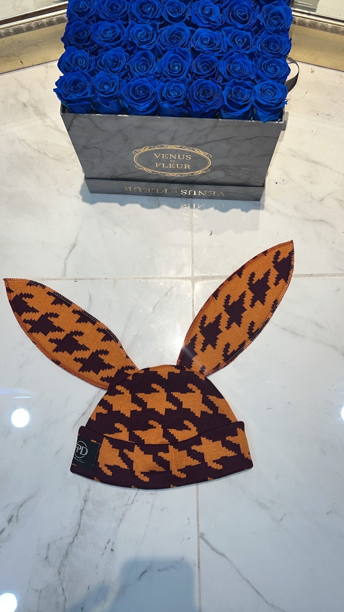 Animal ears patchwork beanie (purple/orange)