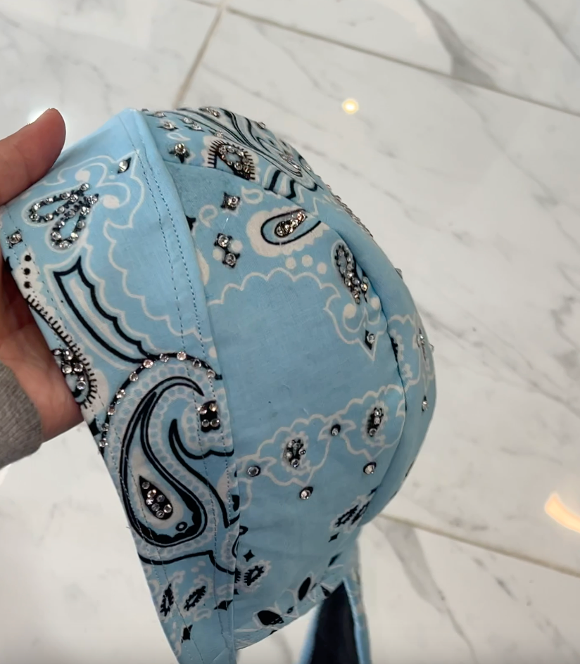 Baby Blue Bandana Print Stoned Biker Cap (PRE-ORDER: UP TO 14 DAYS)