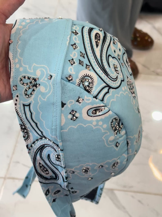 Baby blue bandana print stoned biker cap